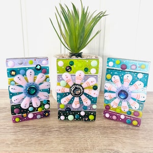 Beautiful Fused Glass Floral Art Candle Holder, Retro inspired flower art, Cornish Fused Glass, Fused Glass Cornwall