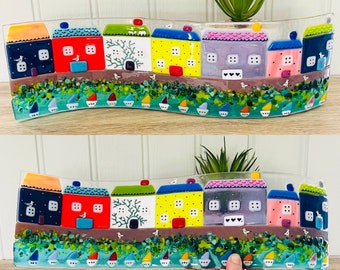 Fused glass fun and colourful houses freestanding wave, fused glass cornwall, Cornish fused glass