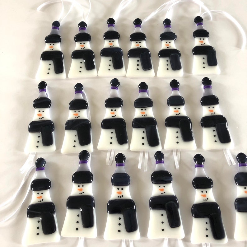 Fused glass Christmas decoration, snowman decoration, Christmas decoration, snowman decoration, Christmas, snowman, Fused Glass Cornwall 1) purple scarf