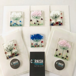 Mini oeuvre d'art en verre fusionné - carte de voeux - photo de fleurs en verre, verre fusionné de Cornouailles, verre fusionné Cornwall