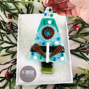 Beautiful retro inspired fused glass Christmas Tree decoration , tree decoration, Christmas decoration, cornish fused glass,