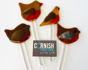 Fused glass robin garden decoration, fused glass plant stakes, cornish fused glass, Fused Glass Cornwall