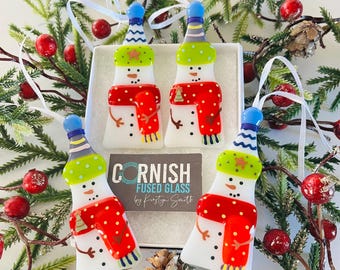 Fused Glass Snowman Christmas Ornament – Handmade Holiday Decor