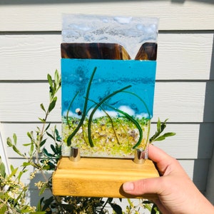 Fused glass Cornish coast freestanding panel, fused glass art, Cornish fused glass, fused glass cornwall