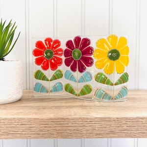Fused Glass Art - Fused Glass Retro Flowers Freestanding Wave, Fused glass, Cornish fused glass,