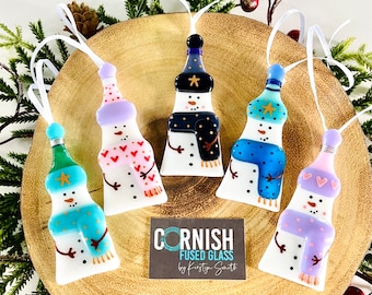 Fused Glass Snowman- Fused glass Christmas decoration, fused glass, snowman decoration, snowman decoration, cornish fused glass