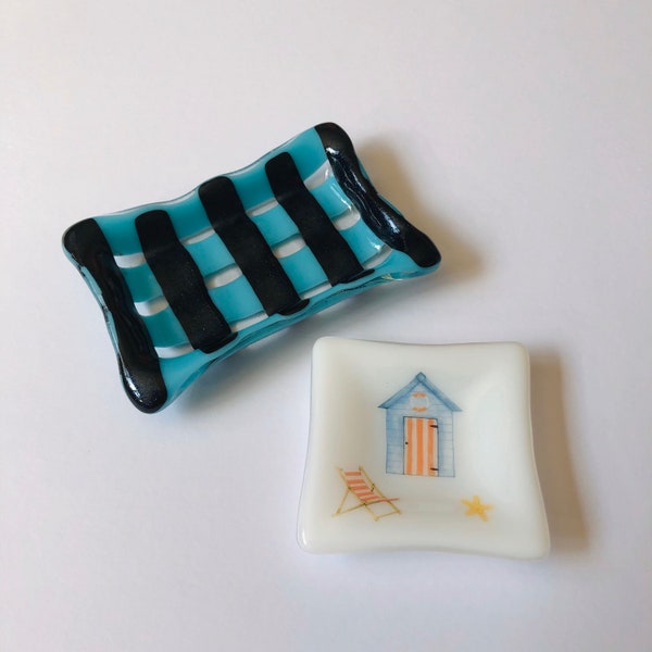 SALE - Fused glass beach hut coastal soap dish set - Cornish Fused Glass