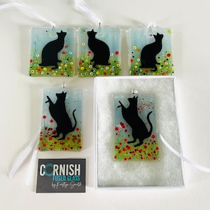 Cute fused glass cat decoration, cat memorial gift, cornish fused glass