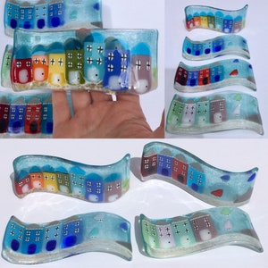 Fused Glass Art - Fused Glass Cute Seaside Coastal Houses freestanding mini wave, Cornish fused glass,