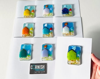Fused Glass beach hut & seagull glass art Greetings Card -  cornish fused glass, fused glass cornwall