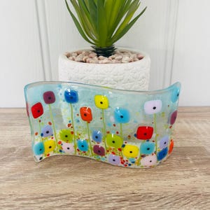 Fused Glass Rainbow Flowers Freestanding Wave - Fused Glass Art - Cornish Fused Glass, Fused Glass Cornwall
