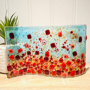Fused glass gorgeous poppy flowers freestanding wave, Cornish fused glass, fused glass cornwall