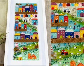 Fused Glass Cornish seaside harbour town framed coastal art, Cornish fused glass, fused glass cornwall
