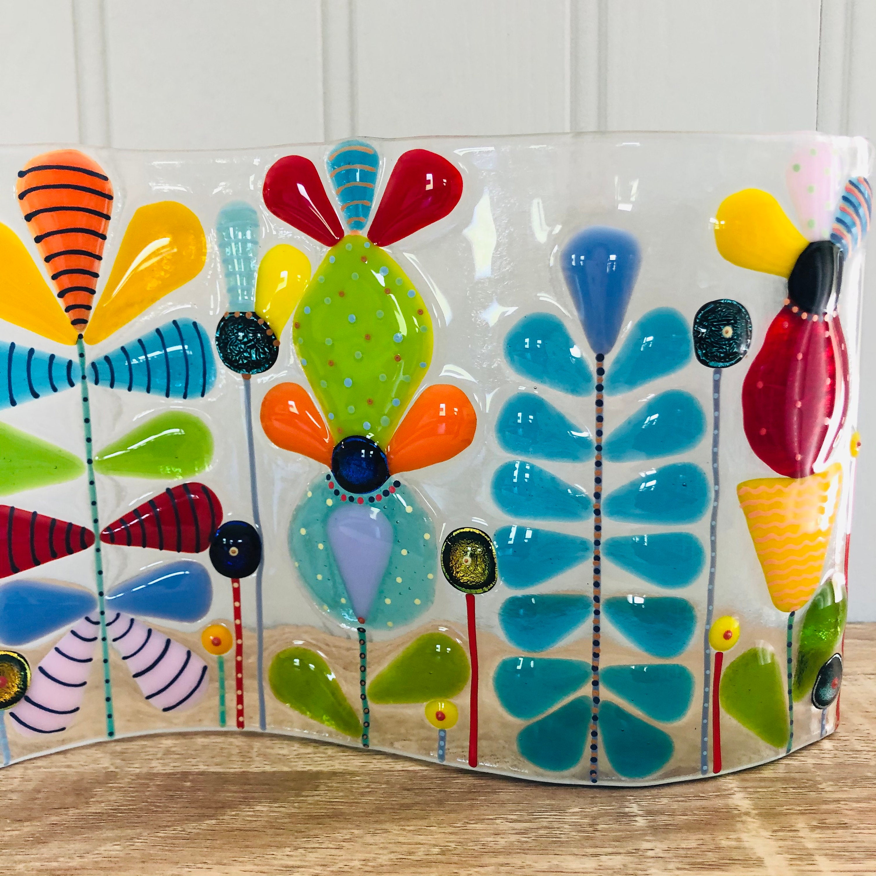 Fused Glass Art Fused Glass Retro Flowers Freestanding Wave Etsy UK