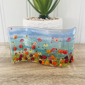 Pretty floral fused glass freestanding wave, Cornish fused glass, Fused Glass Cornwall