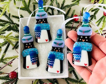 Fused Glass Christmas decoration- Fused Glass penguin decoration, Christmas decoration, Fused Glass Ornament, cornish fused glass,
