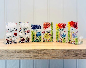 Fused Glass Art -  Wild Flower Candle Holders, Cornish Fused Glass, Fused Glass Cornwall