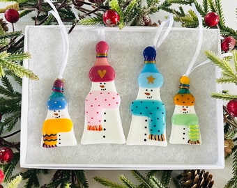 Fused Glass Snowman Decoration -  Fused Glass Christmas decoration, snowman decoration, Cornish Fused Glass