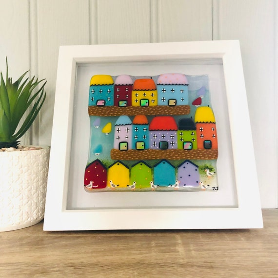 Fused Glass Beach Huts With Houses & Sailboats Glass Art Etsy