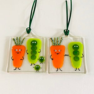 Fused Glass Funny peas and carrots gift - fused glass art, fun wedding gifts, funny anniversary gift, couples gifts,