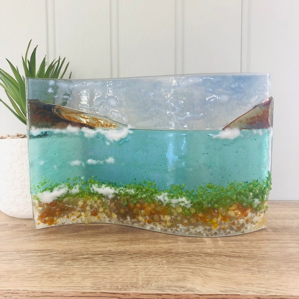 Fused glass Cornish coast freestanding wave, fused glass art, Cornish fused glass