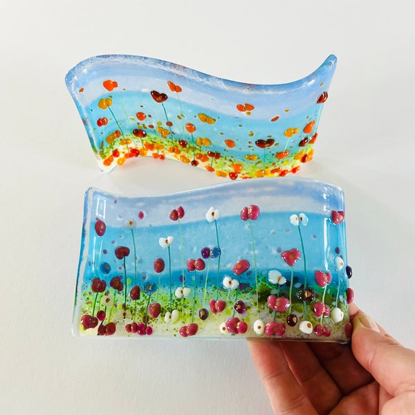 Fused Glass Art - vetro fuso bella onda floreale costiera, vetro fuso della Cornovaglia, vetro fuso della Cornovaglia