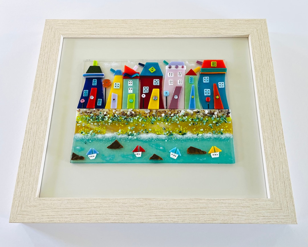 Fused Glass Cornish Seaside Harbour and Houses Art, Poldark, Coastal
