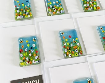 Fused Glass cute bee and flower art greetings card, cornish fused glass, fused glass Cornwall
