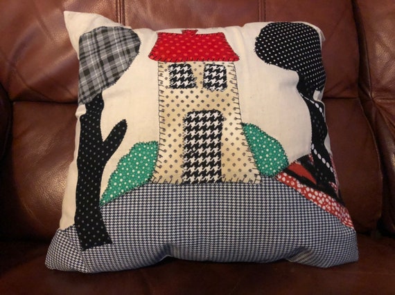 Pillow With Applique House And Trees Etsy