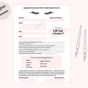 Peut inclure: Un formulaire d'information client pour les extensions de cils rose et blanc avec une illustration en noir et blanc de cils en haut. Le formulaire comprend des questions sur les allergies, les antécédents médicaux et les coordonnées du client. Le texte "hello lash extensions!" est écrit dans une boîte rose.