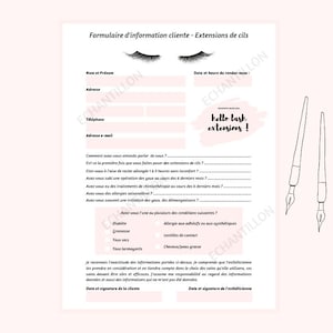 Formulaires d'EXTENSIONS DE CILS d'information cliente, Formulaire de consentement, Fiche technique, Fiche entretien Format Pdf en Français