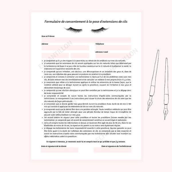 Formulaire de CONSENTEMENT cliente à la pose d' EXTENSIONS de CILS en Français à télécharger et imprimer ! Format Pdf fiche client cils