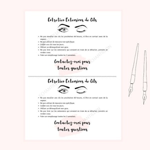 MAINTENANCE sheet for customer eyelash extensions, after care eyelash extensions, PDF format in French, eyelash extension tracking card