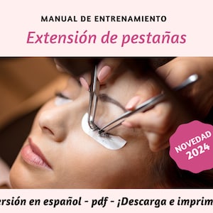 Peut inclure: Une femme se fait poser des extensions de cils. L'image montre un gros plan de son œil avec des pinces tenant une extension de cil. L'image comprend également un cercle rose avec le texte "NOVEDAD 2024".