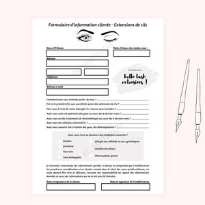 Peut inclure: Formulaire d'information client noir et blanc pour les extensions de cils. Le formulaire comprend des sections pour les informations du client, les détails du rendez-vous et les antécédents médicaux. Le formulaire comprend également une section pour la signature du client et du technicien.