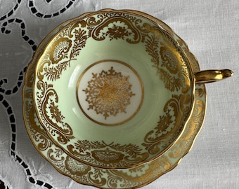 1950's Celadon and Gold Filigree Paragon Bone China Tea Cup and Saucer