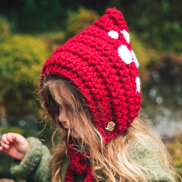 Handmade crochet mushroom, toadstool pixie bonnet,