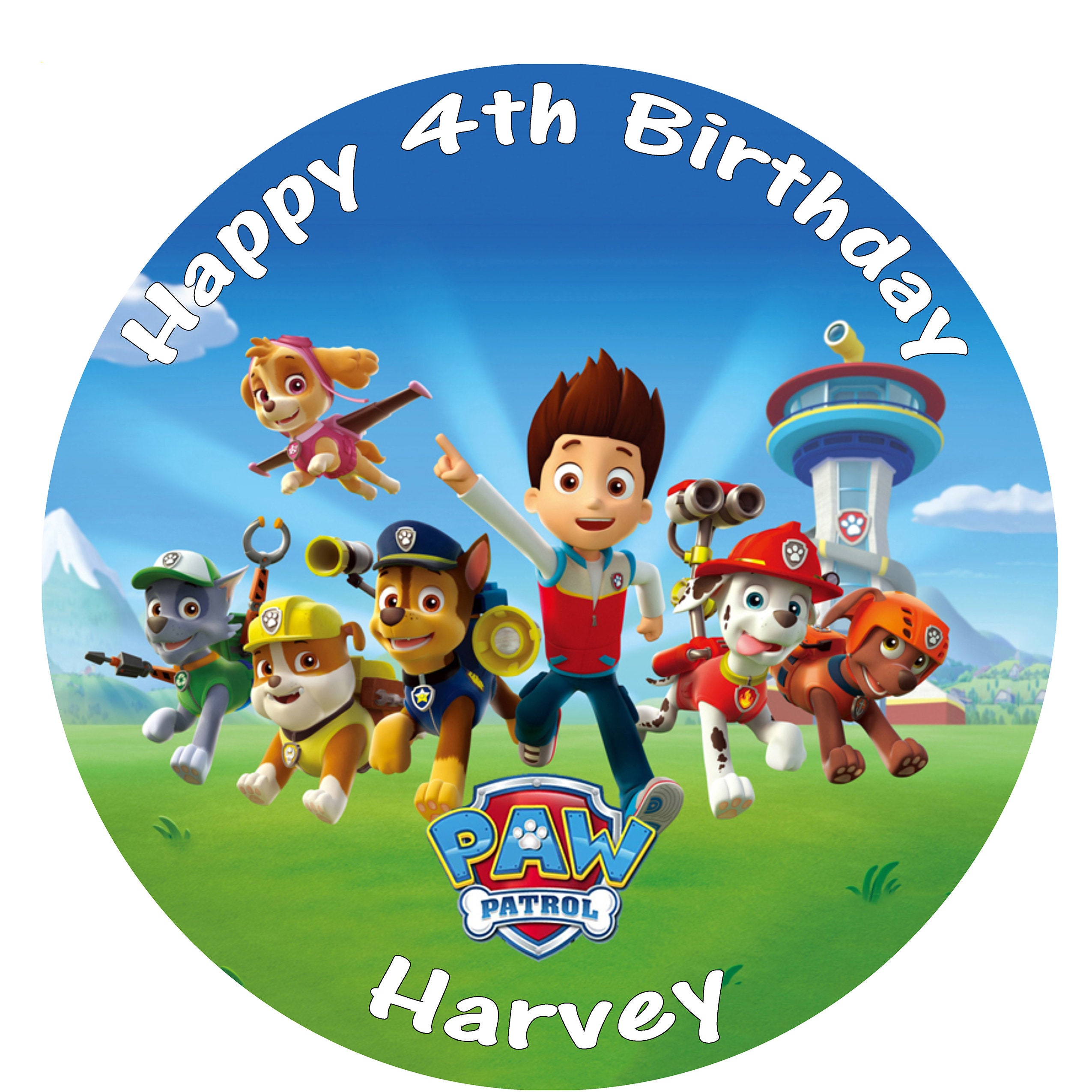 PAW PATROL LOGO EDIBLE ICING CAKE DECORATION PERSONALISED OR PLAIN TOPPER 