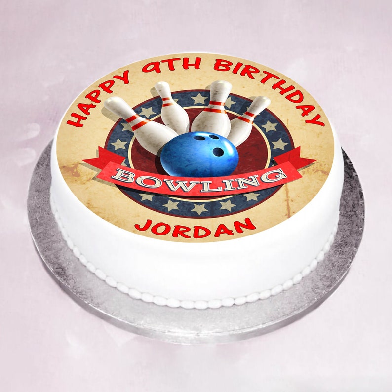 Ten Pin Bowling Cake Topper Edible Personalised Round Birthday Etsy UK
