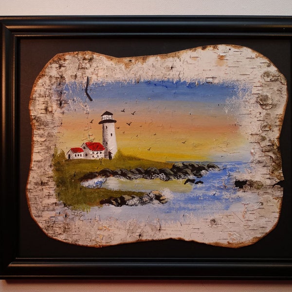 8x10"  Hand painted Lighthouse scene on White NH birch Bark,