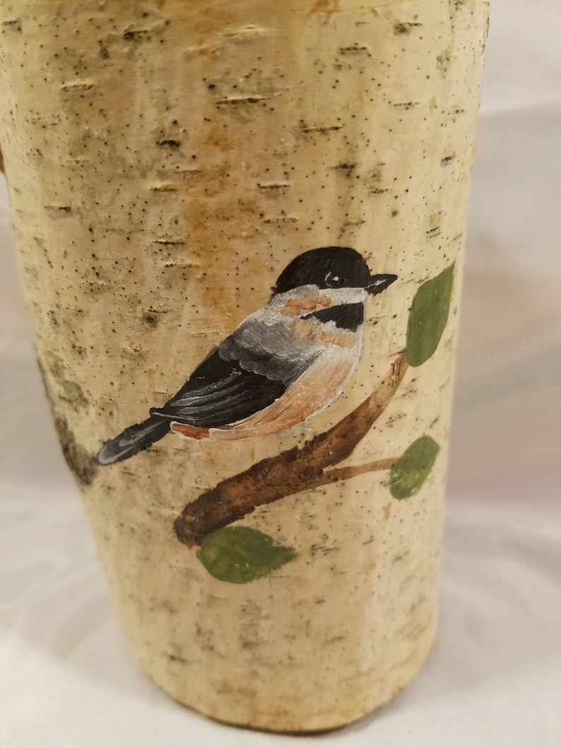 for woodland rustic home decor Chickadee candle holder candle is 6 tall Hand painted on a real birch tree