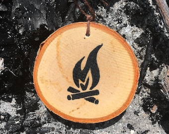 Campfire wooden Ornament Personalize for Friends and Family wood slice/woodland/birch tree slice/Camping lover gift/Christmas ornament