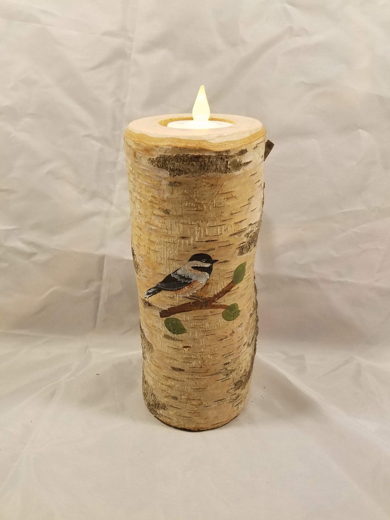 for woodland rustic home decor Chickadee candle holder candle is 6 tall Hand painted on a real birch tree