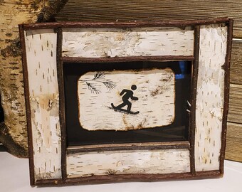 Snowboarding painting on Birch bark in handmade rustic woodland Frame, Art inside woodland cottage frame for log cabin wall decor.