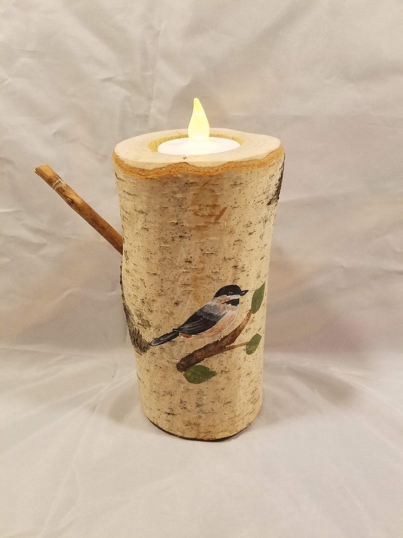for woodland rustic home decor Chickadee candle holder candle is 6 tall Hand painted on a real birch tree