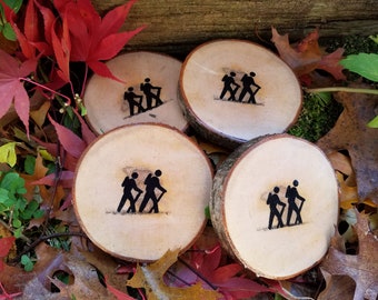 Hiker coasters made from birch trees,a set of hiker wood slices for rustic woodland themed room, use in any lake house and farmhouse