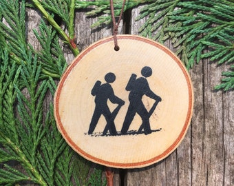 Hiking lover gift/state hiker ornament/pair of hikers rustic birch ornament/Christmas ornament/birch slice ornament/adventure decor