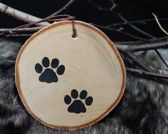 Wood  Paw Print Med Ornament Hand painted with two prints have it personalized with pet names, Cat or Dog,