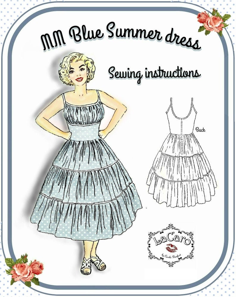 Size US 6 PDF Sewing Pattern, Marilyn. Blue Summer Dress , 1950s, B34 W26 / B 85 cm W 65 cm image 2