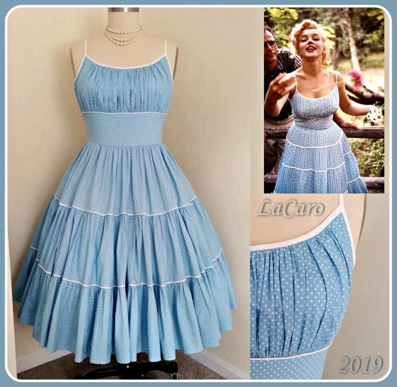 Size US 6 PDF Sewing Pattern, Marilyn. Blue Summer Dress , 1950s, B34 W26 / B 85 cm W 65 cm image 1
